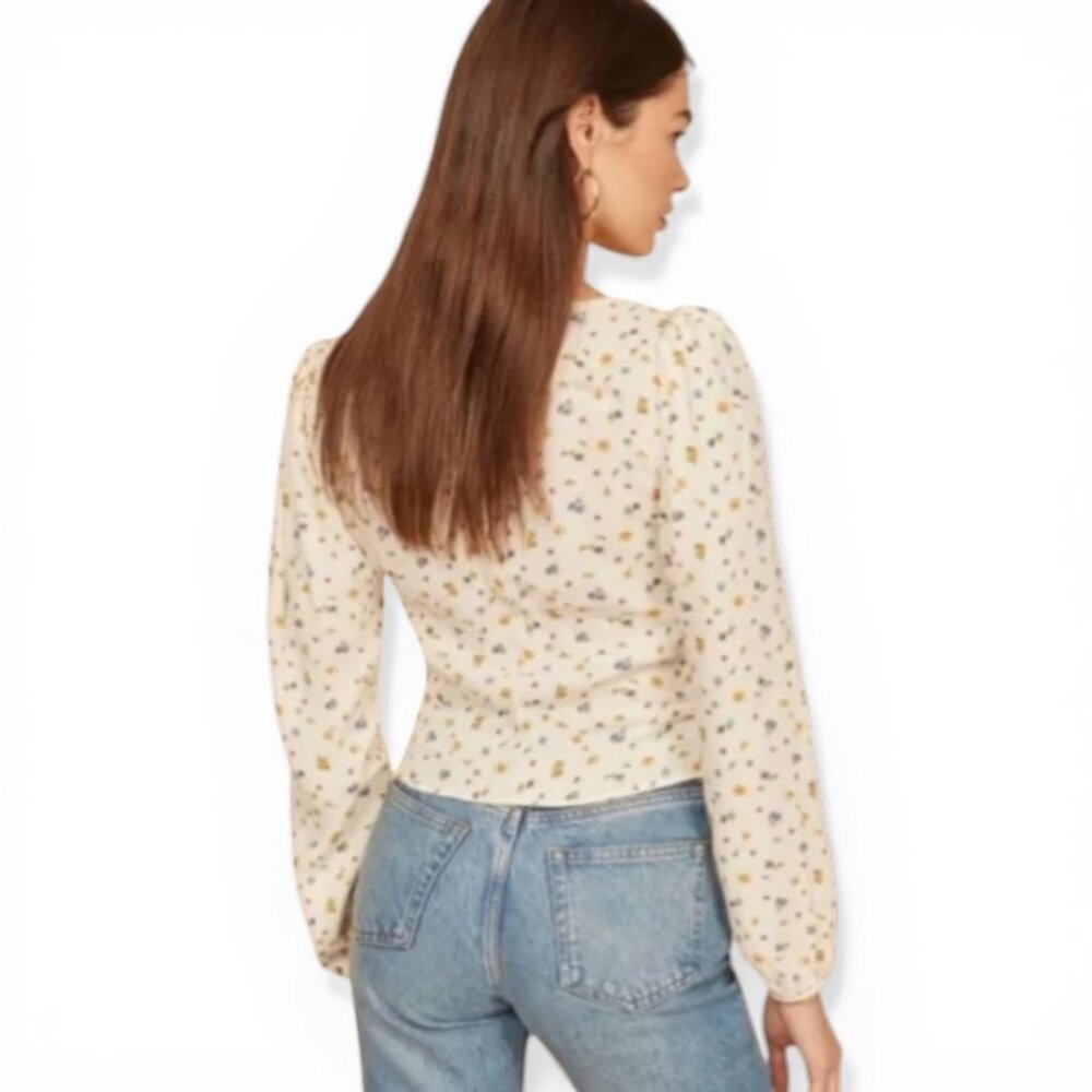 Reformation Nell Floral Print Blouse White Long Sleeve Tie Front Top Size Small - Picture 3 of 12